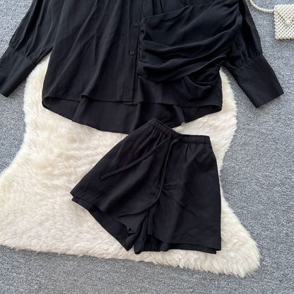 Set: Long-Sleeve Pocket Front Shirt + Ruched Asymmetrical Camisole + Drawstring Shorts
