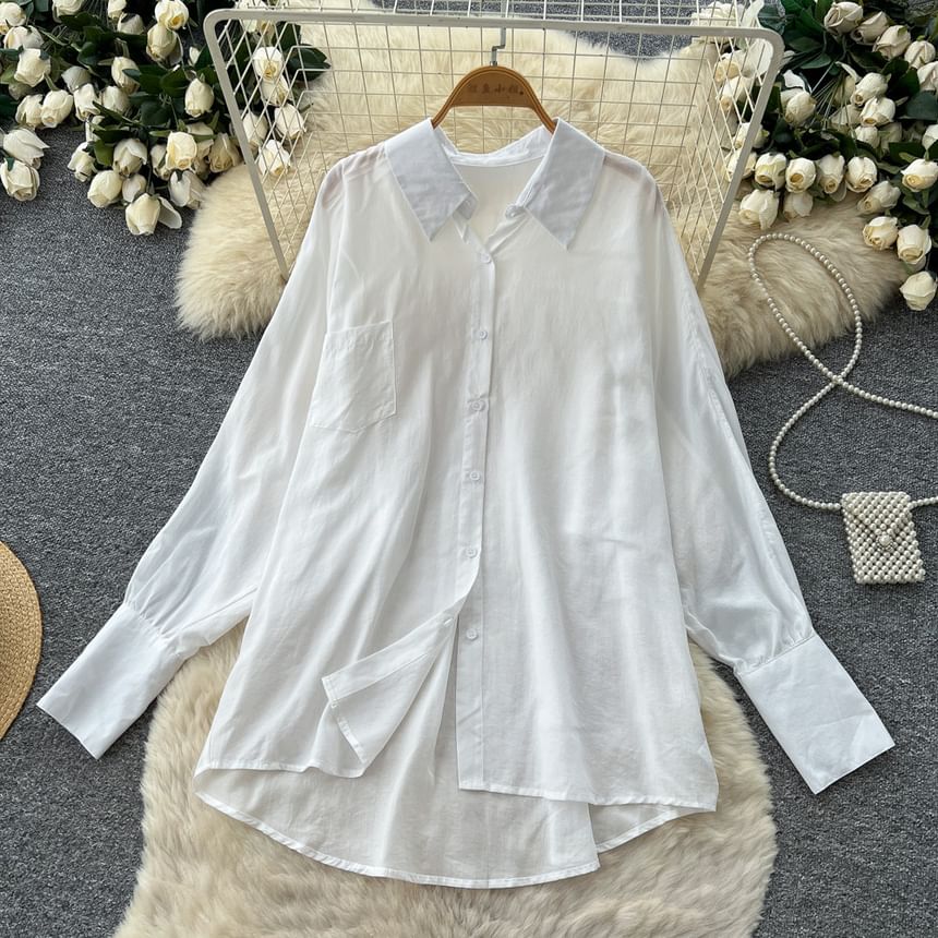 Set: Long-Sleeve Pocket Front Shirt + Ruched Asymmetrical Camisole + Drawstring Shorts