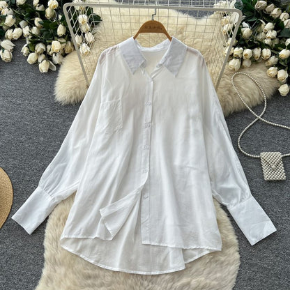 Set: Long-Sleeve Pocket Front Shirt + Ruched Asymmetrical Camisole + Drawstring Shorts