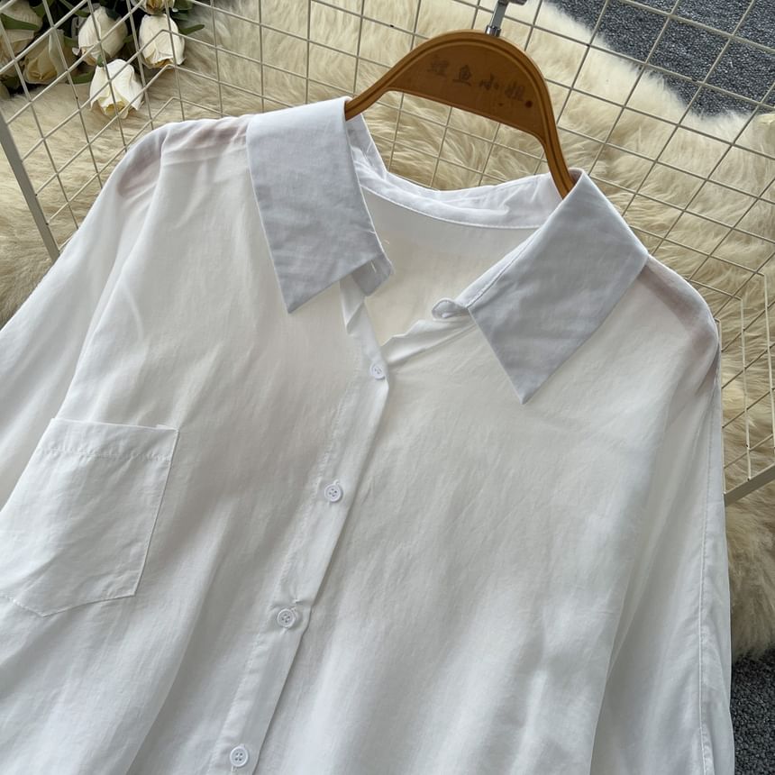 Set: Long-Sleeve Pocket Front Shirt + Ruched Asymmetrical Camisole + Drawstring Shorts