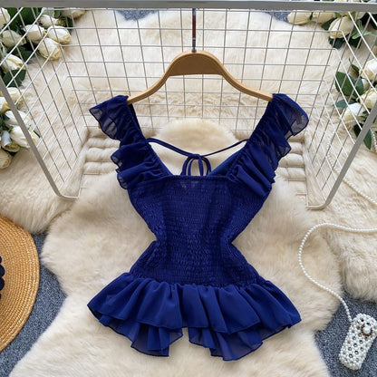 Sleeveless V-Neck Plain Ruffle Blouse