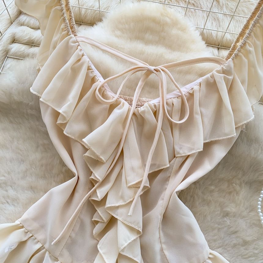 Sleeveless V-Neck Plain Ruffle Blouse
