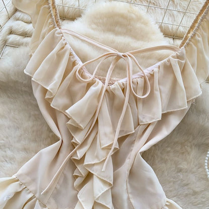 Sleeveless V-Neck Plain Ruffle Blouse
