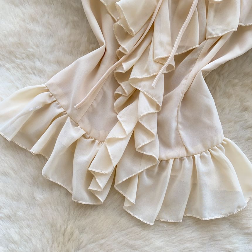 Sleeveless V-Neck Plain Ruffle Blouse