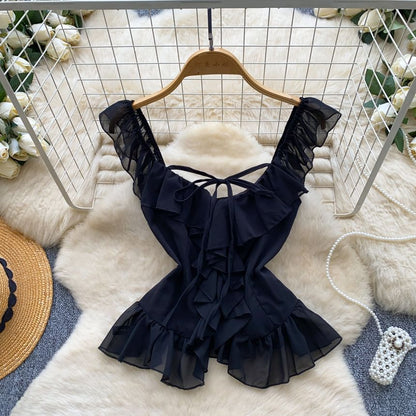 Sleeveless V-Neck Plain Ruffle Blouse