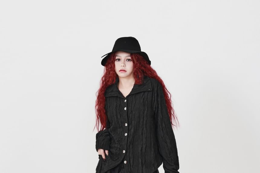 Long-Sleeve Stand Collar Ribbed Shirt