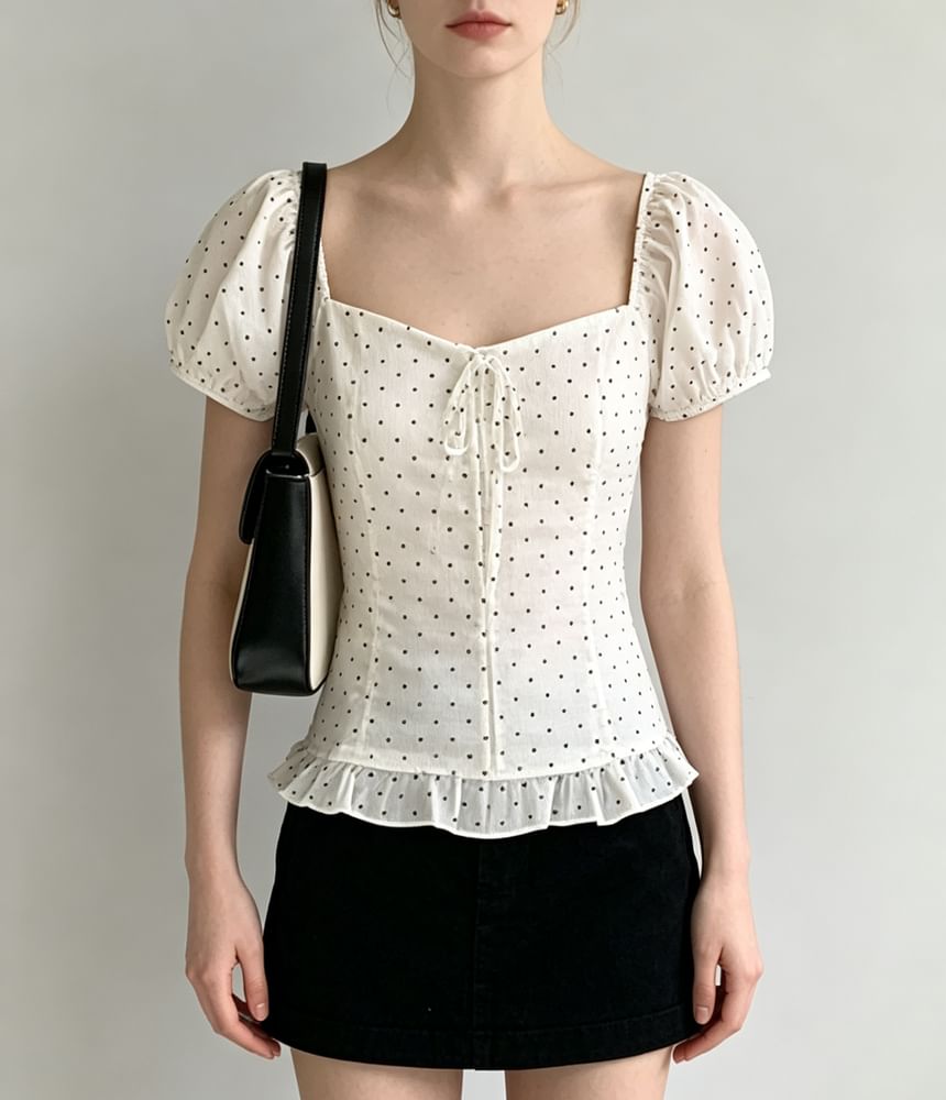 Puff Sleeve Square-Neck Polka Dot Ruffled Hem Slim-Fit Blouse