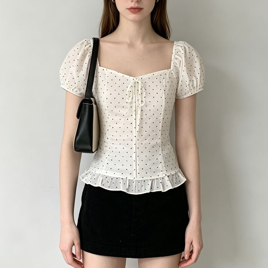 Puff Sleeve Square-Neck Polka Dot Ruffled Hem Slim-Fit Blouse