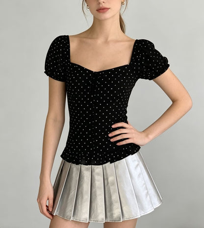 Puff Sleeve Square-Neck Polka Dot Ruffled Hem Slim-Fit Blouse