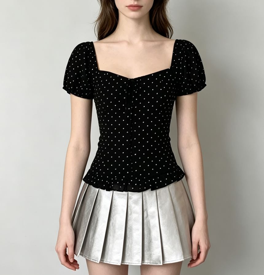 Puff Sleeve Square-Neck Polka Dot Ruffled Hem Slim-Fit Blouse