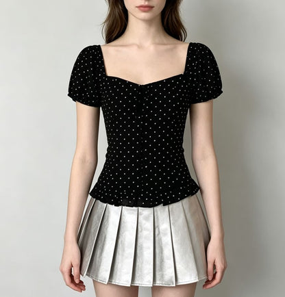 Puff Sleeve Square-Neck Polka Dot Ruffled Hem Slim-Fit Blouse