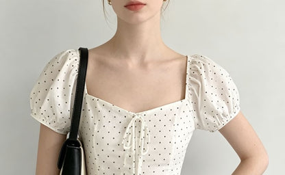 Puff Sleeve Square-Neck Polka Dot Ruffled Hem Slim-Fit Blouse