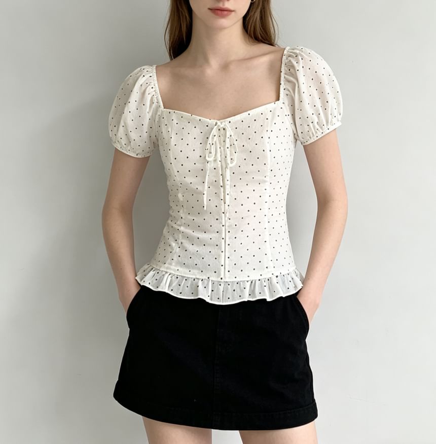 Puff Sleeve Square-Neck Polka Dot Ruffled Hem Slim-Fit Blouse
