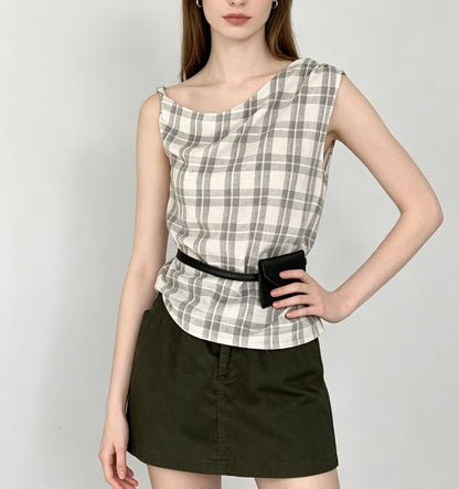 Asymmetrical Neckline Plaid Slim-Fit Tank Top