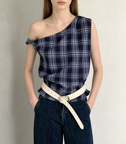 Asymmetrical Neckline Plaid Slim-Fit Tank Top