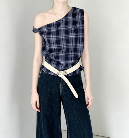Asymmetrical Neckline Plaid Slim-Fit Tank Top