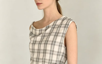 Asymmetrical Neckline Plaid Slim-Fit Tank Top