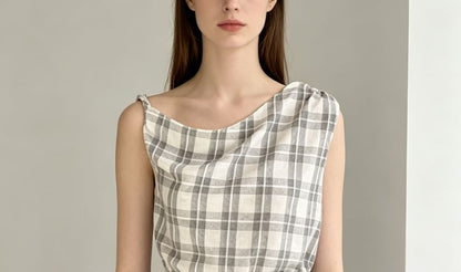 Asymmetrical Neckline Plaid Slim-Fit Tank Top