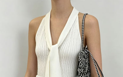 Halter V-Neck Tie-Front Plain Cable Knit Slim-Fit Tank Top