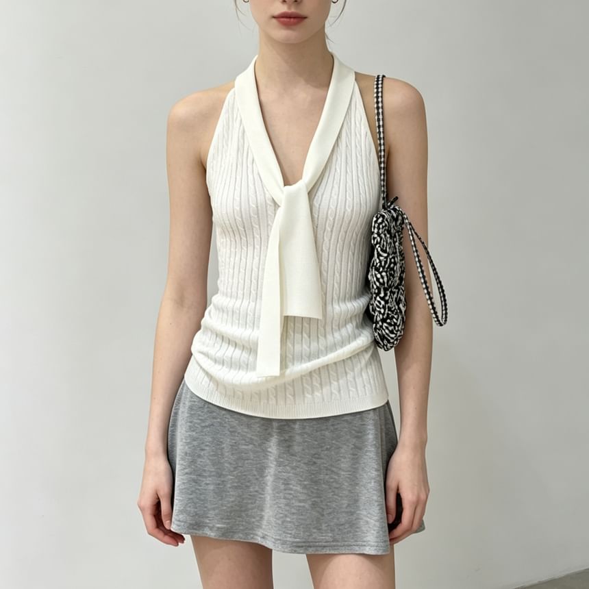 Halter V-Neck Tie-Front Plain Cable Knit Slim-Fit Tank Top