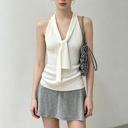 Halter V-Neck Tie-Front Plain Cable Knit Slim-Fit Tank Top