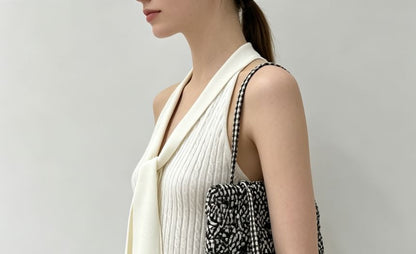 Halter V-Neck Tie-Front Plain Cable Knit Slim-Fit Tank Top