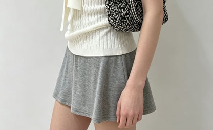 Halter V-Neck Tie-Front Plain Cable Knit Slim-Fit Tank Top