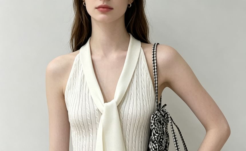 Halter V-Neck Tie-Front Plain Cable Knit Slim-Fit Tank Top