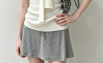 Halter V-Neck Tie-Front Plain Cable Knit Slim-Fit Tank Top