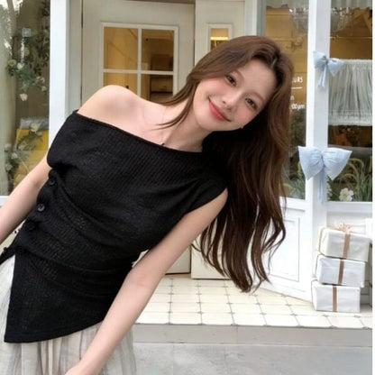 Short Sleeve Cold Shoulder Asymmetric Slim-Fit Top