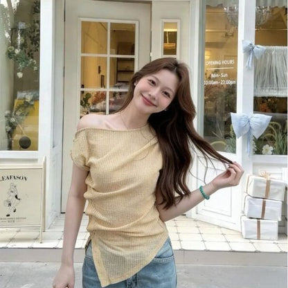 Short Sleeve Cold Shoulder Asymmetric Slim-Fit Top