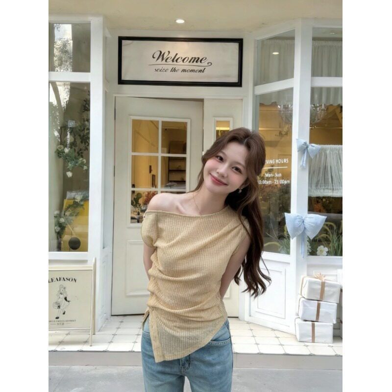 Short Sleeve Cold Shoulder Asymmetric Slim-Fit Top