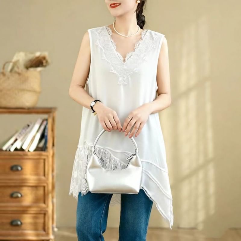 V-Neck Asymmetric Panel Lace Tunic - Sleeveless Solid