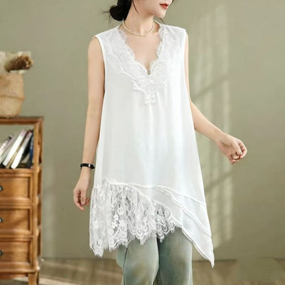 Sleeveless V-Neck Plain Asymmetrical Panel Lace Tunic