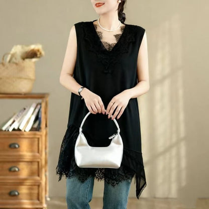 V-Neck Asymmetric Panel Lace Tunic - Sleeveless Solid