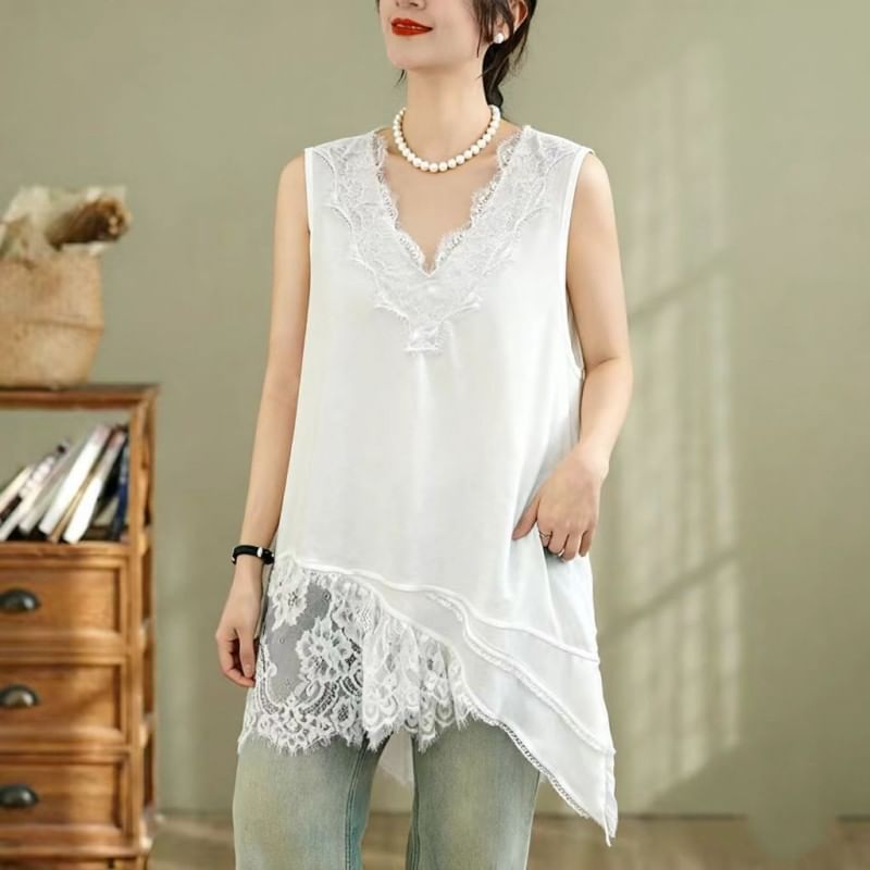 Sleeveless V-Neck Plain Asymmetrical Panel Lace Tunic