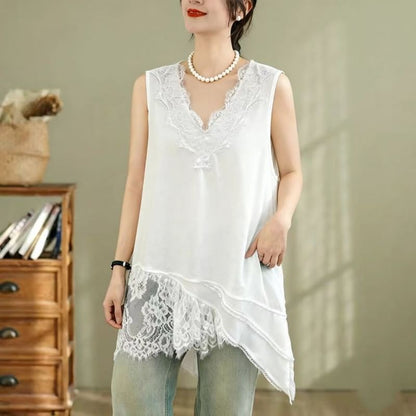 Sleeveless V-Neck Plain Asymmetrical Panel Lace Tunic