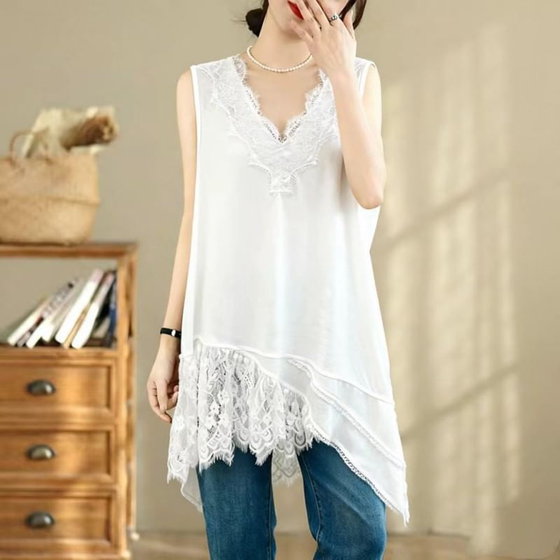 V-Neck Asymmetric Panel Lace Tunic - Sleeveless Solid
