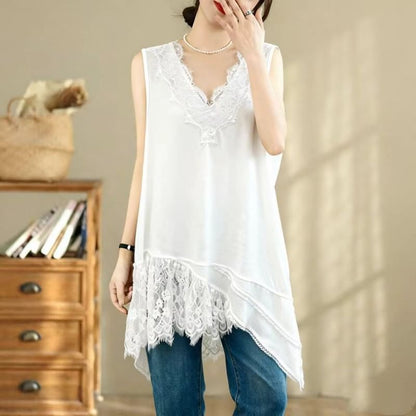 V-Neck Asymmetric Panel Lace Tunic - Sleeveless Solid