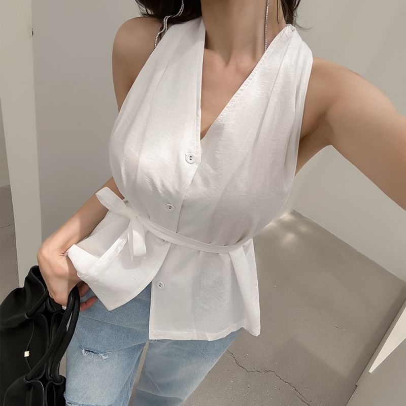 Halter-Neck Button-Up Plain Top