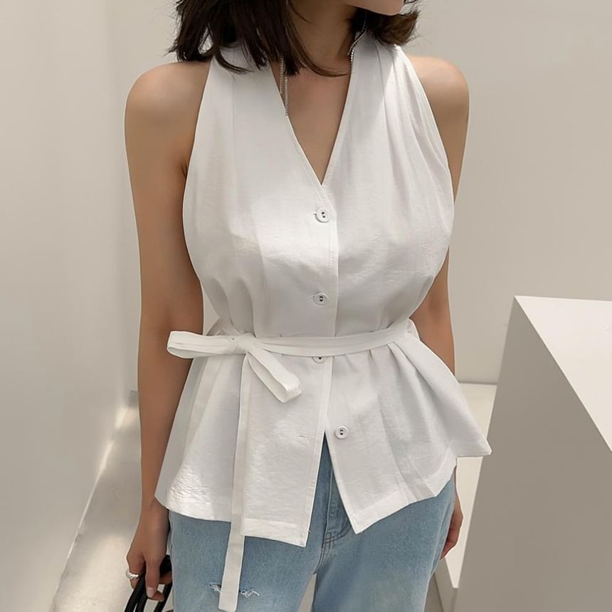 Halter-Neck Button-Up Plain Top