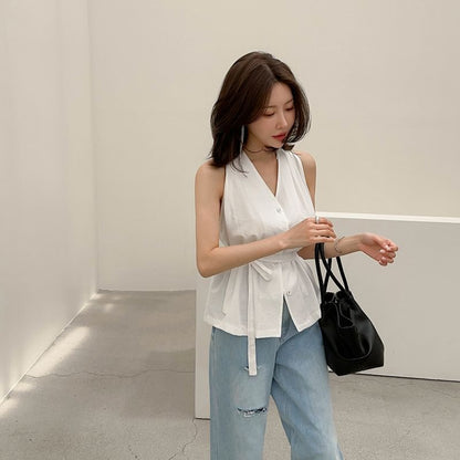 Halter-Neck Button-Up Plain Top