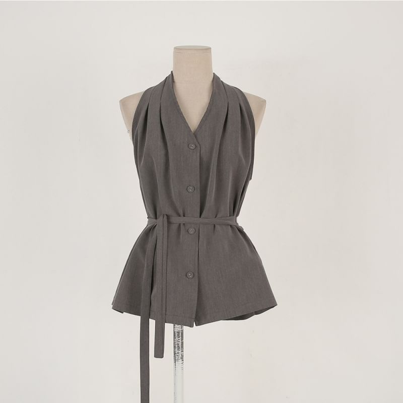 Halter-Neck Button-Up Plain Top