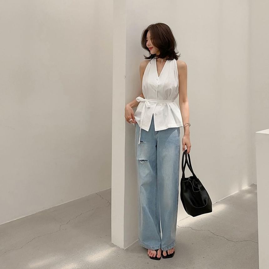 Halter-Neck Button-Up Plain Top