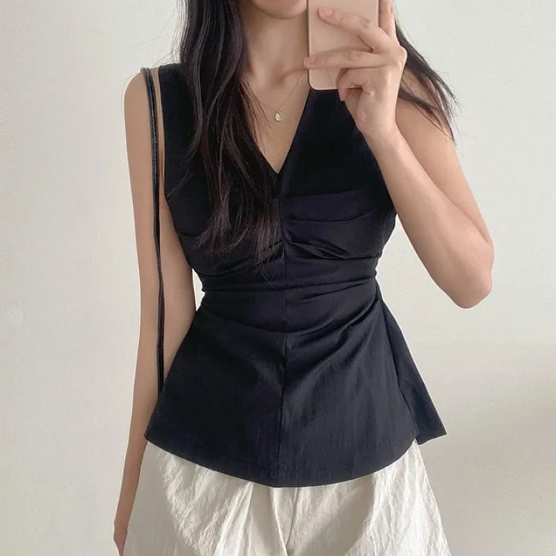 V-Neck Ruched Sleeveless Top