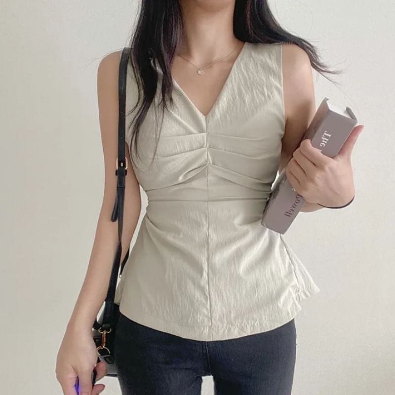 V-Neck Ruched Sleeveless Top