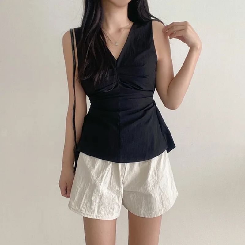 V-Neck Ruched Sleeveless Top
