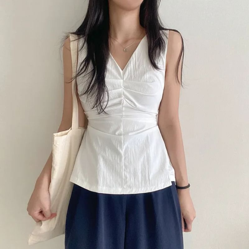 V-Neck Ruched Sleeveless Top