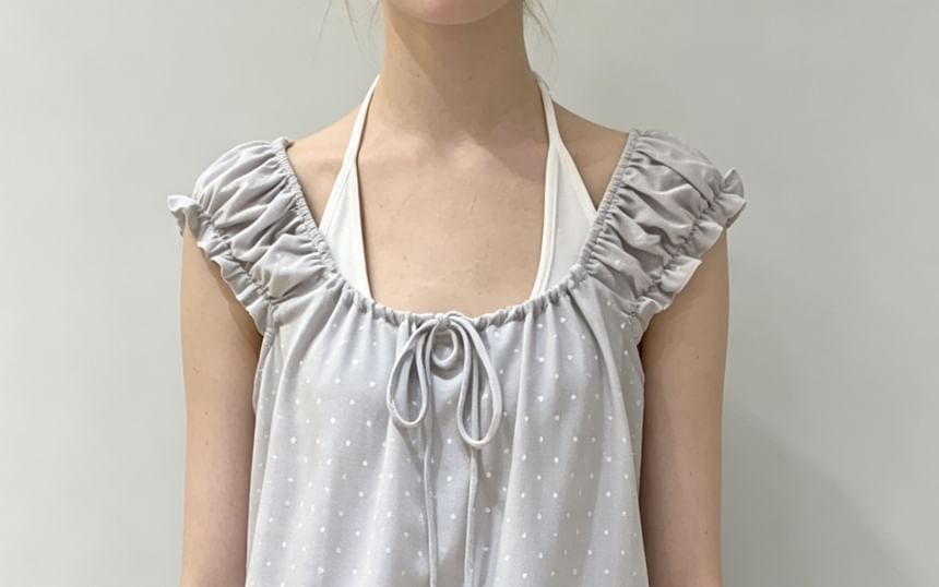 Set: Cap Sleeve Scoop Neck Ruffled-Trim Dotted Slim-Fit Top + Halter Neck  Plain Tank Top