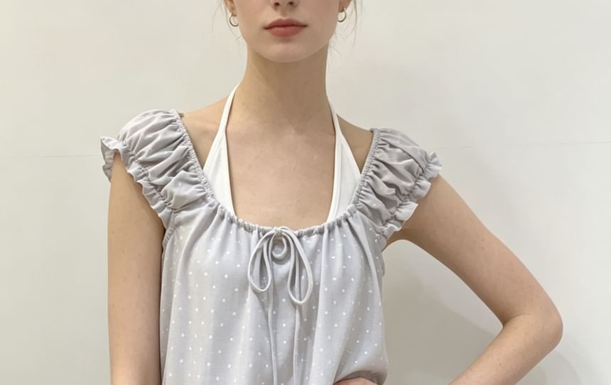 Cap Sleeve Scoop Neck Ruffled Trim Top with Halter Neck Tank Set